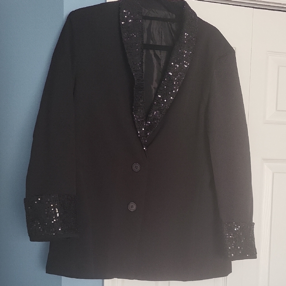 Black Sequin Trim Women's Blazer Jacket